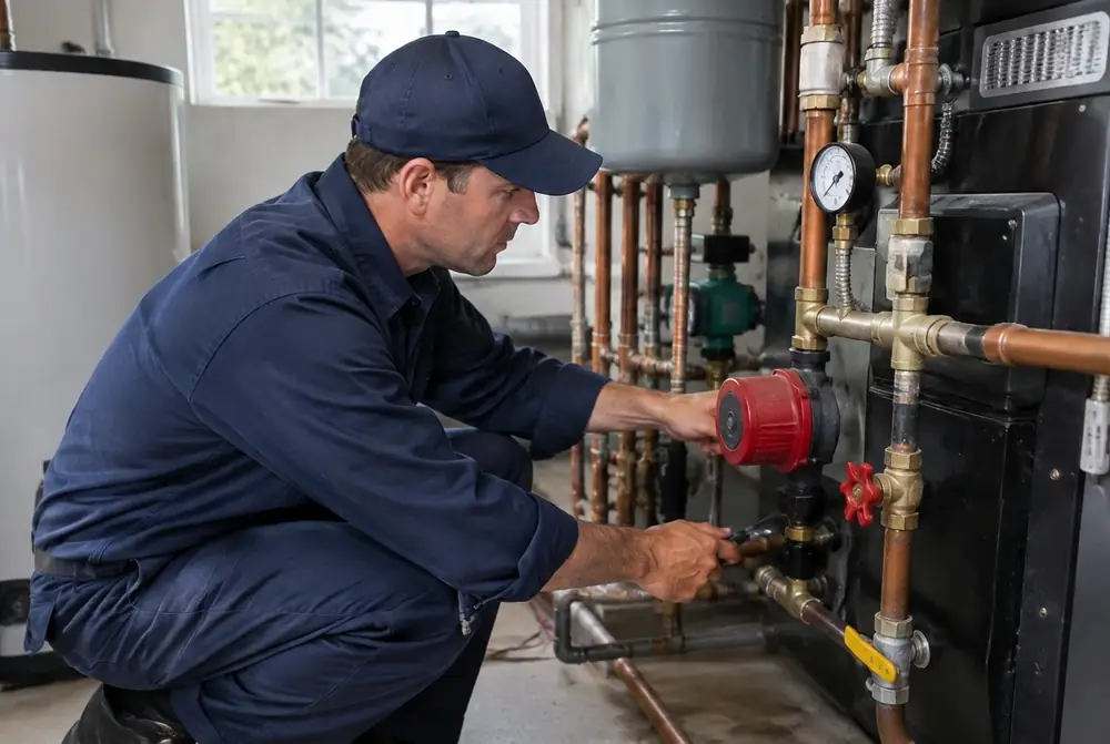 Technician in an official CR-branded navy uniform servicing a residential heating system