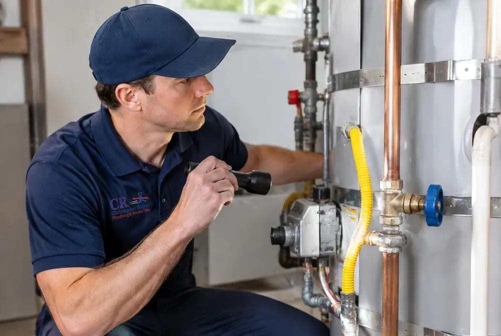 Owner-operator plumber in an official CR-branded navy uniform inspecting gas piping in a utility room