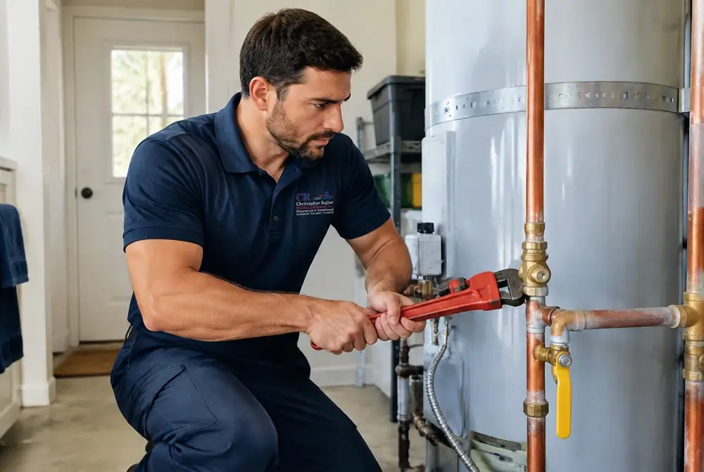 Plumber in an official CR-branded navy polo servicing copper water-heater piping with a red pipe wrench