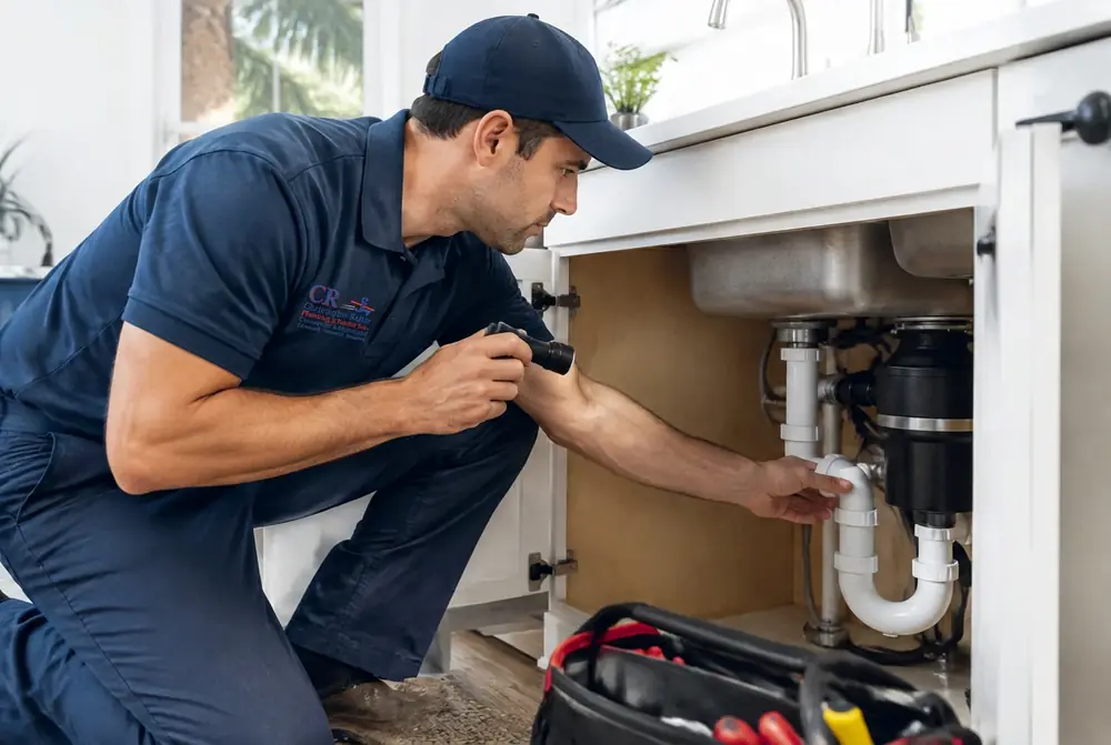 Christopher Rajtar plumber in an official CR-branded navy uniform inspecting plumbing beneath a kitchen sink