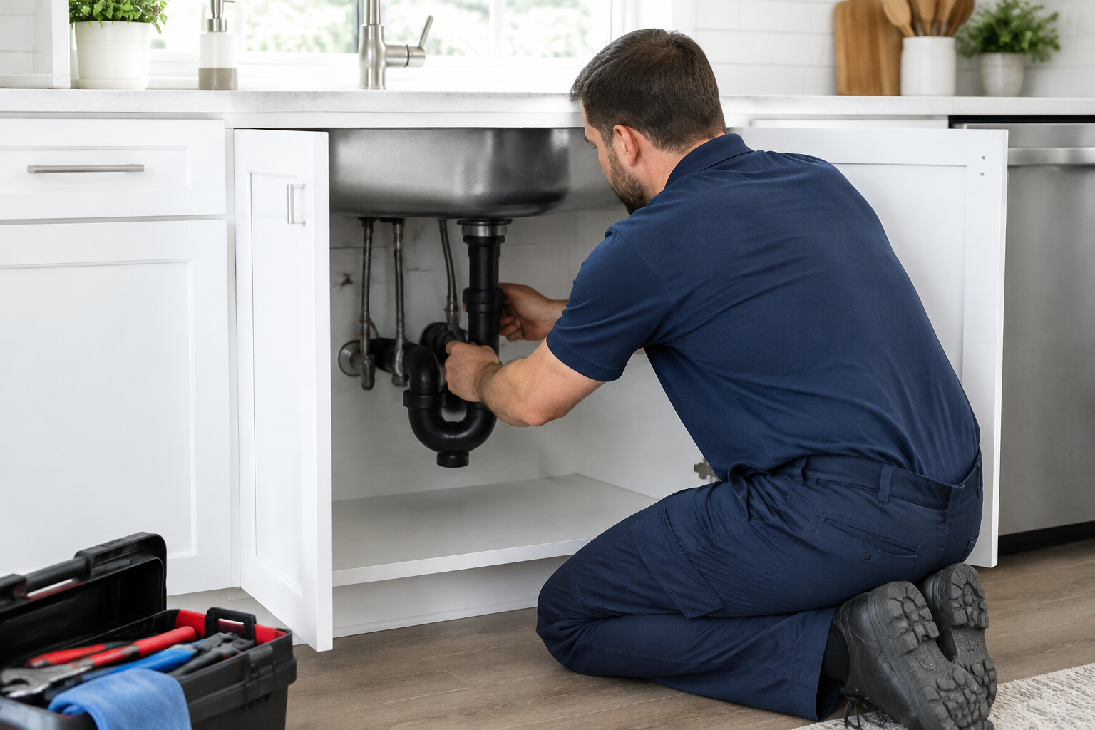 Christopher Rajtar plumber in a plain navy uniform repairing plumbing beneath a kitchen sink with his back turned