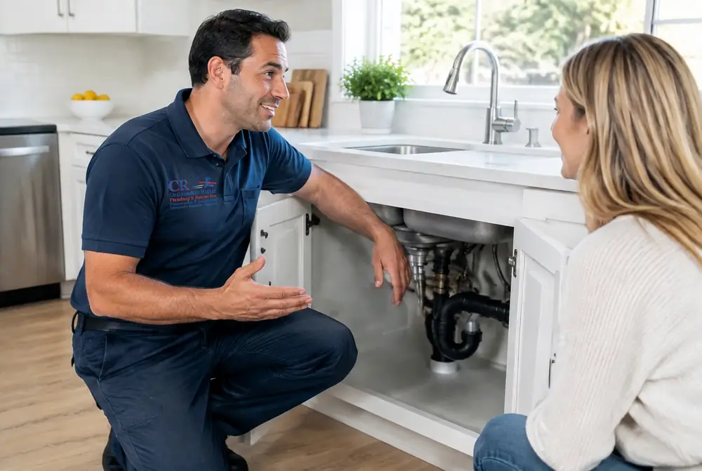 Christopher Rajtar plumber in an official CR-branded navy uniform reviewing completed sink repairs with a homeowner