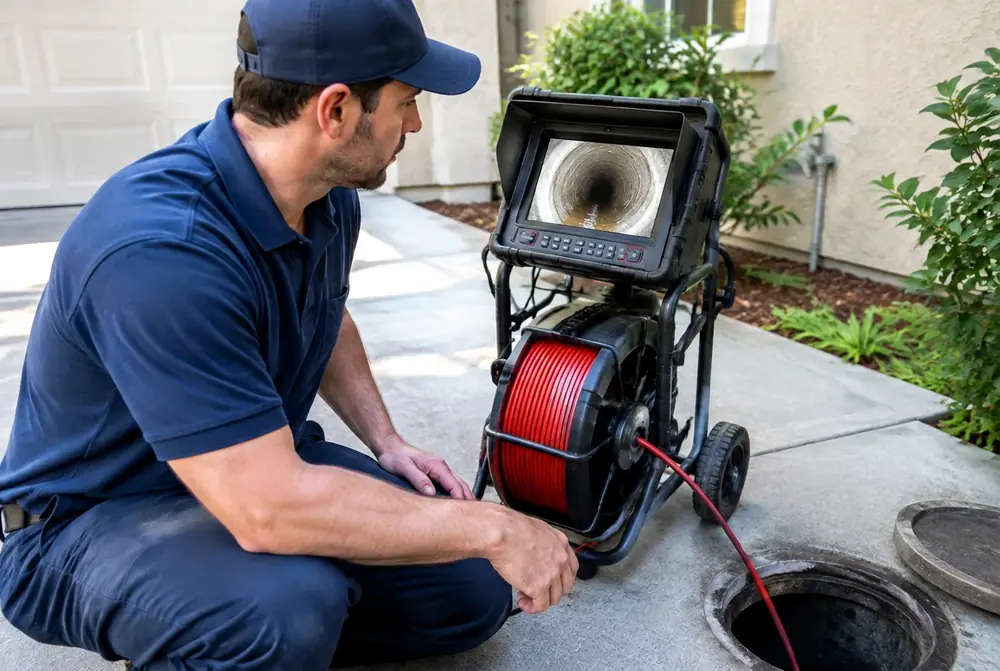 Technician in an official CR-branded navy uniform performing an outdoor sewer camera inspection